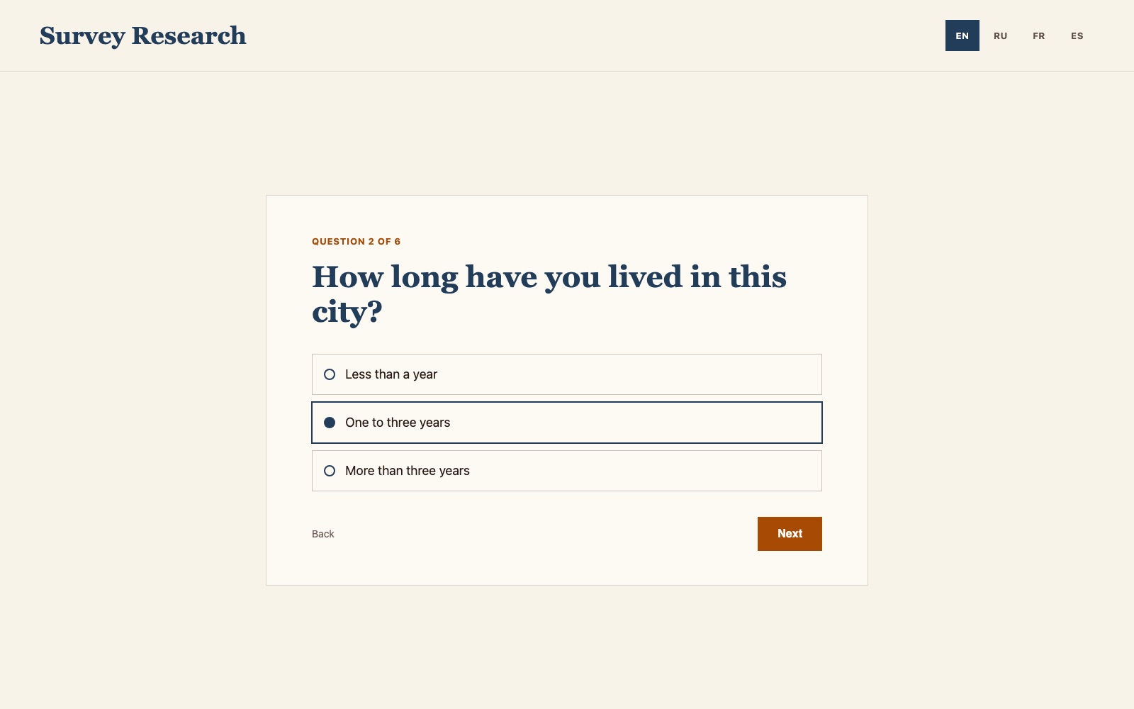 FromSurvey, a one-question survey in English with Russian, French and Spanish at the top