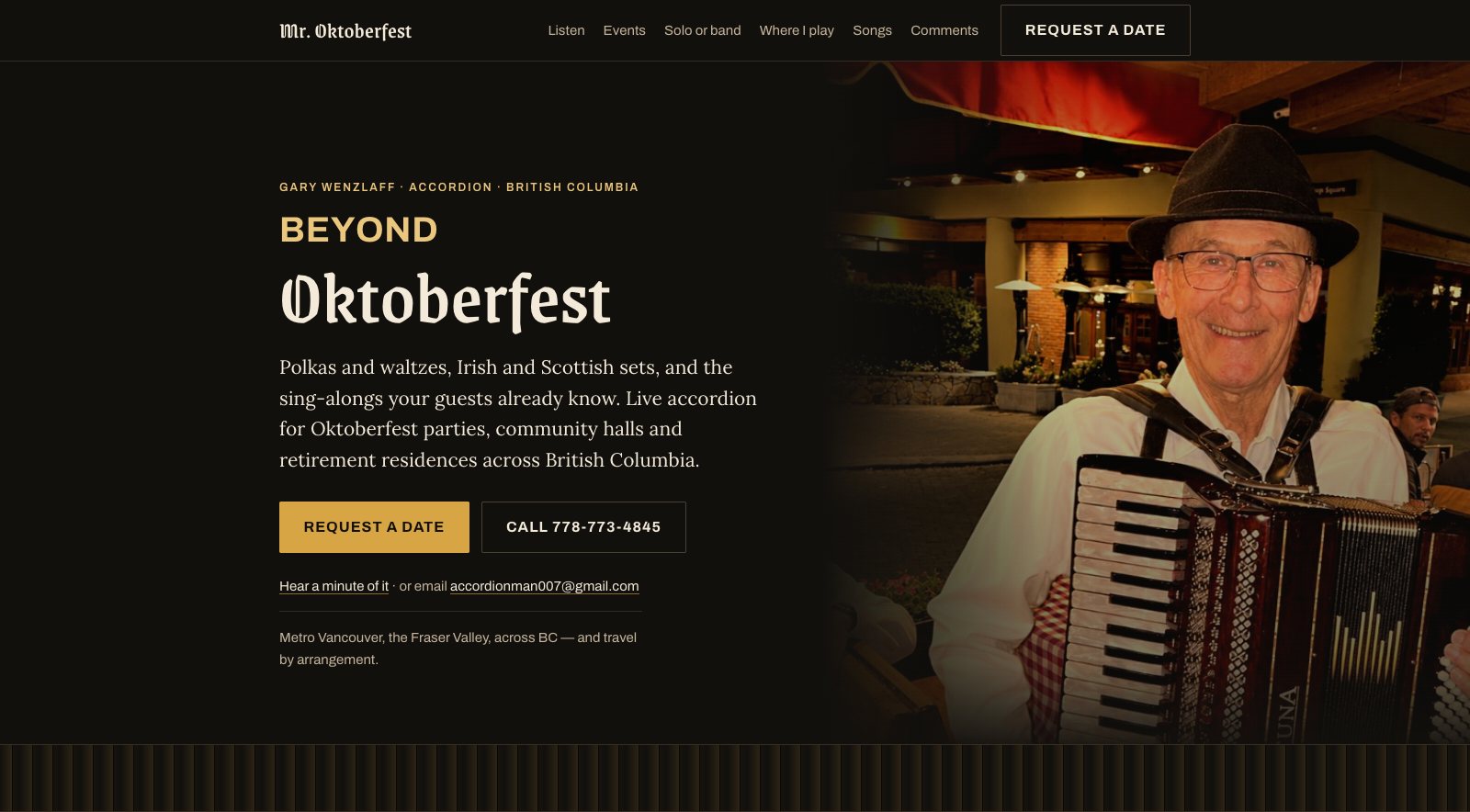 Mr. Oktoberfest, the home page with Gary and his accordion